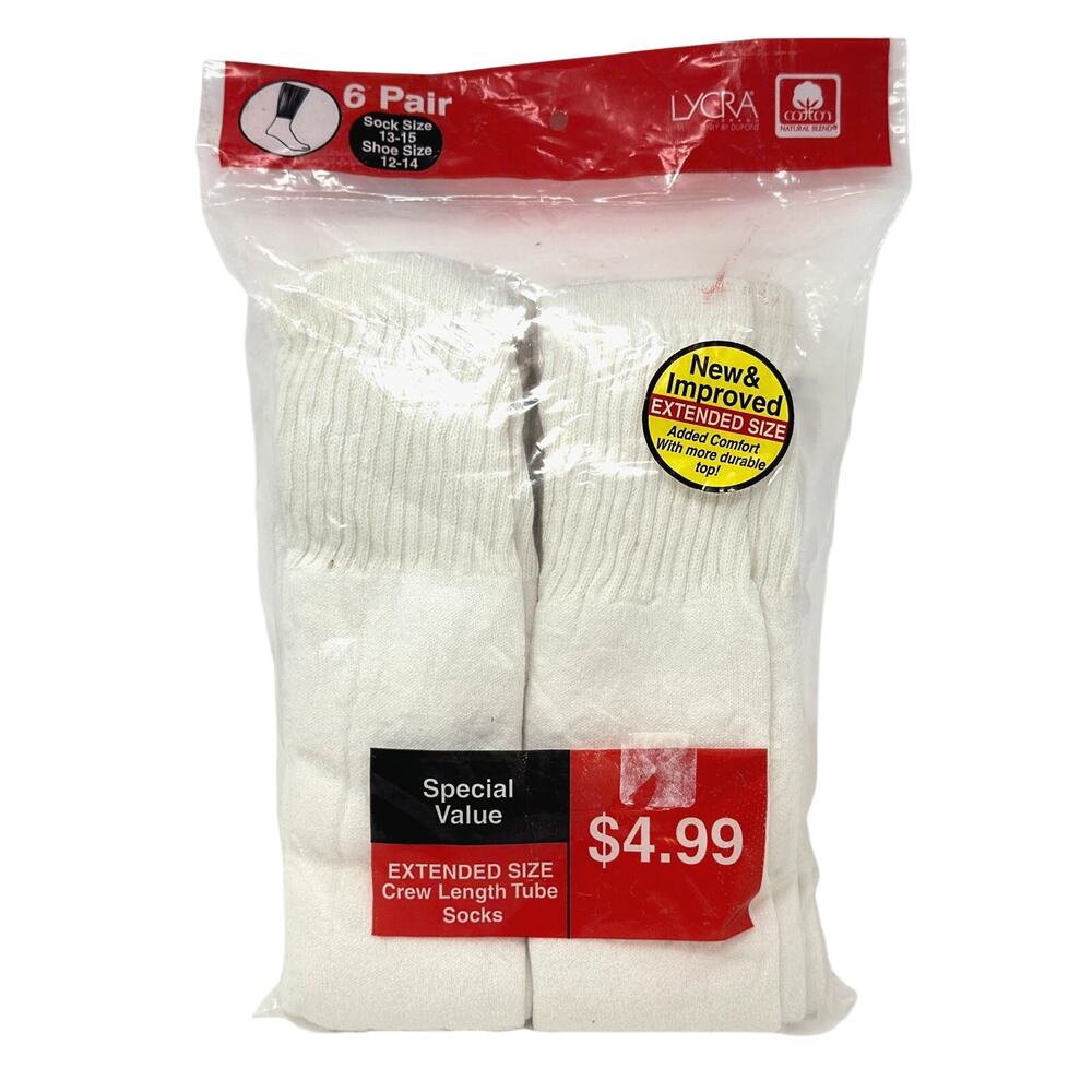 Vtg 90s K-Mart Special Value 6 Pr White Crew Tube Sock Size 13-15 Shoe 12-14 USA